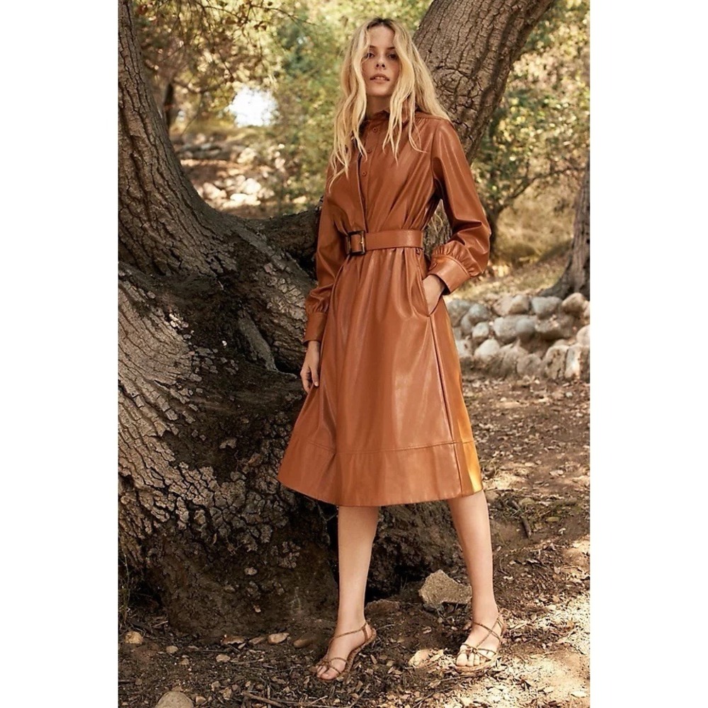 Anthropologie MareMare Faux Leather Midi Dress Small Belted Tan Gold